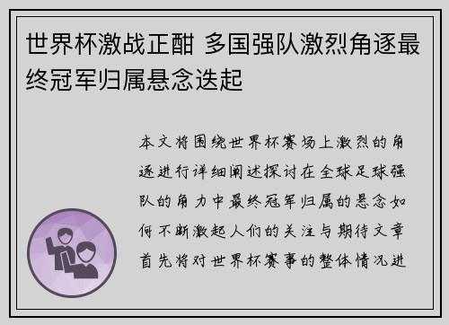 世界杯激战正酣 多国强队激烈角逐最终冠军归属悬念迭起